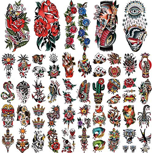 atydkug 77 Sheets Temporary Tattoo for Women and Men, 17 Sheets Half Arm Chest Shoulder Fake Tattoos, 60 sheets Tiny for Adults Vintage Multi Colored Mixed Style Waterproof Realistic Tattoos Long-Lasting - Image 2