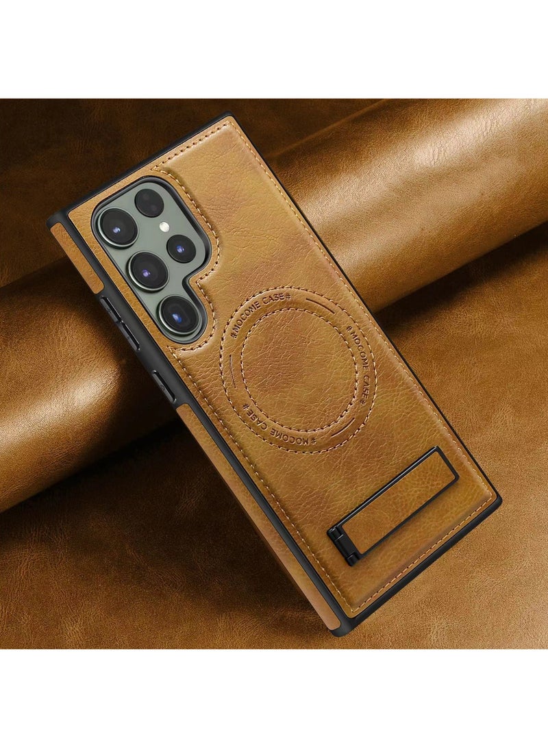Color Fans For Samsung Galaxy S23 Ultra Magnetic Phone Case Kickstand Leather+TPU + PC Cover - Brown  - Image 2