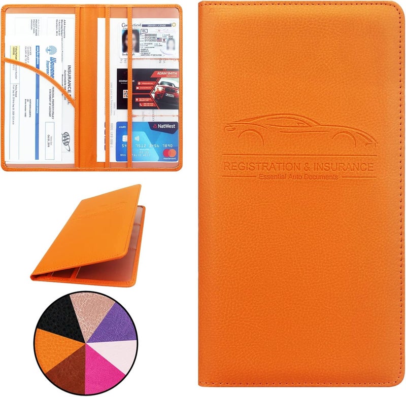 Miunice Car Registration and Insurance Holder, Premium Pu Leather Vehicle Glove Box Organizer - for Driver License, Cards & Essential Documents (L-Orange) - Image 1