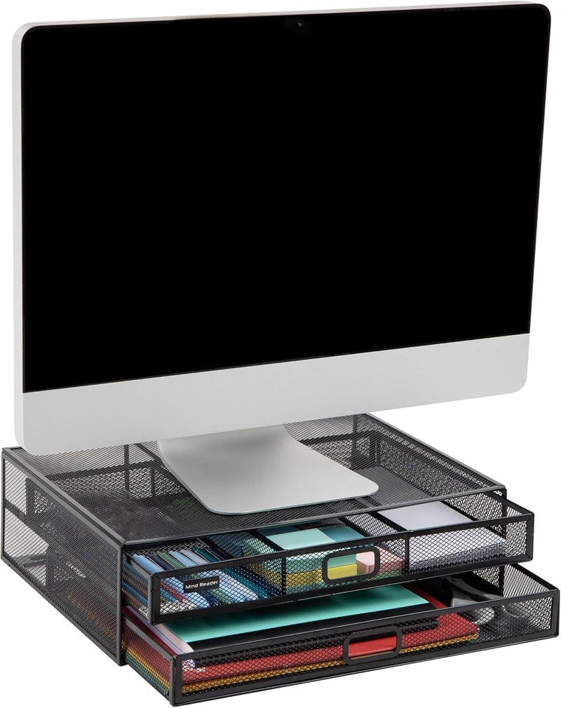 Mind Reader 2TDMESHY-BLK Metal Monitor Stand Riser, Desk Organizer, Holds PC, Laptop, Notebook, Printer, Black 2 Drawer - Image 1