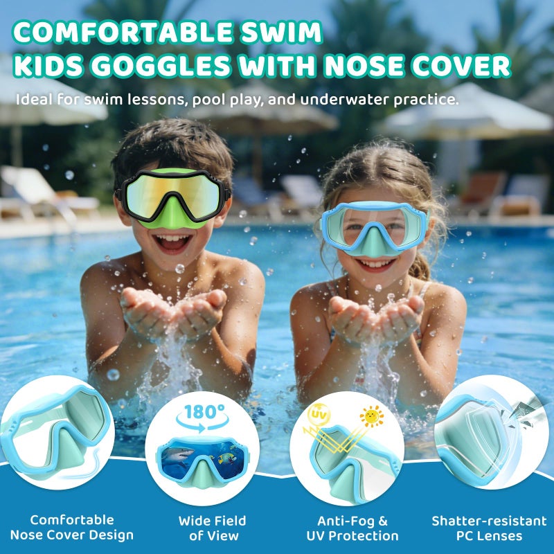 Vvinca 2 Pack Kids Swim Goggles with Nose Cover for Boys Girls 3-15, Anti Fog Diving Mask with Shatterproof Safety Lens for Toddler, Waterproof Swimming Goggles Value Set for Beach & Pool Beach - Image 2