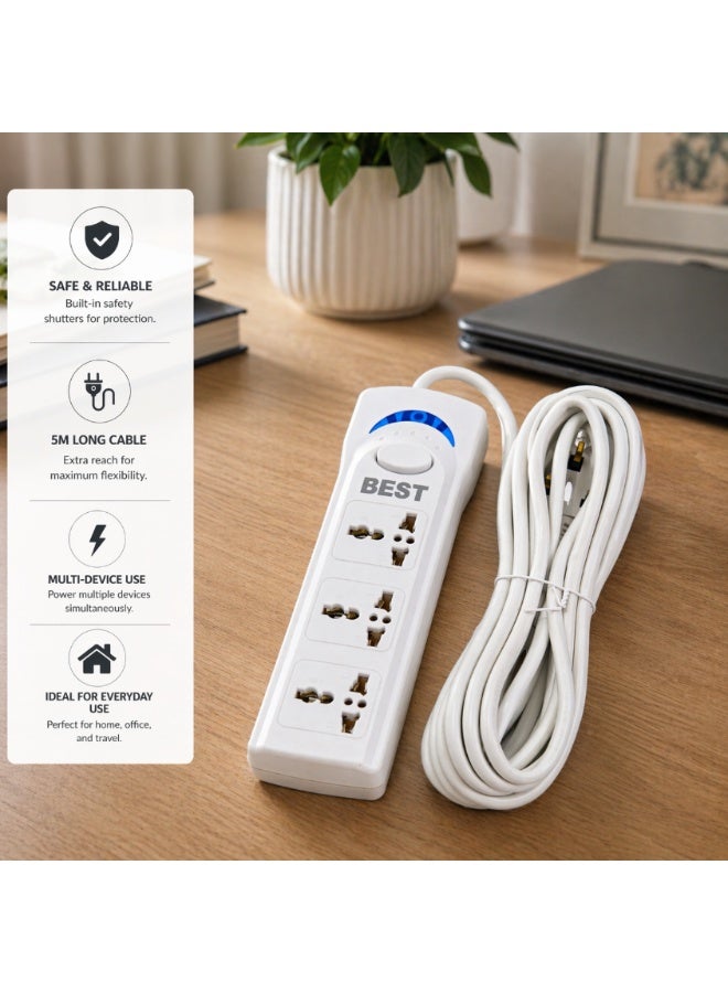 BEST 3-Way Extension Cord with 5 Meter Cable, White - Image 2