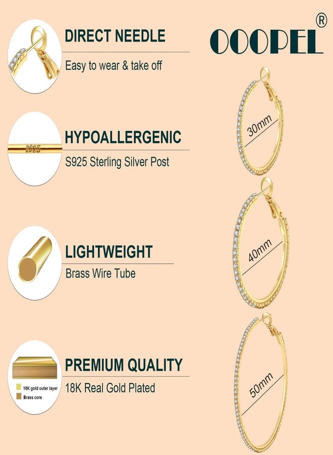 OOOPEL 925 Sterling Silver Earrings Large Rhinestone Hoop Earrings Big Cubic Zirconia Hoop Earrings Thin Rhinestones Round Hoop Earrings for Women 20/30/40/50/60/70mm Sparkly Hoops With Crystals for Girl, - Image 2