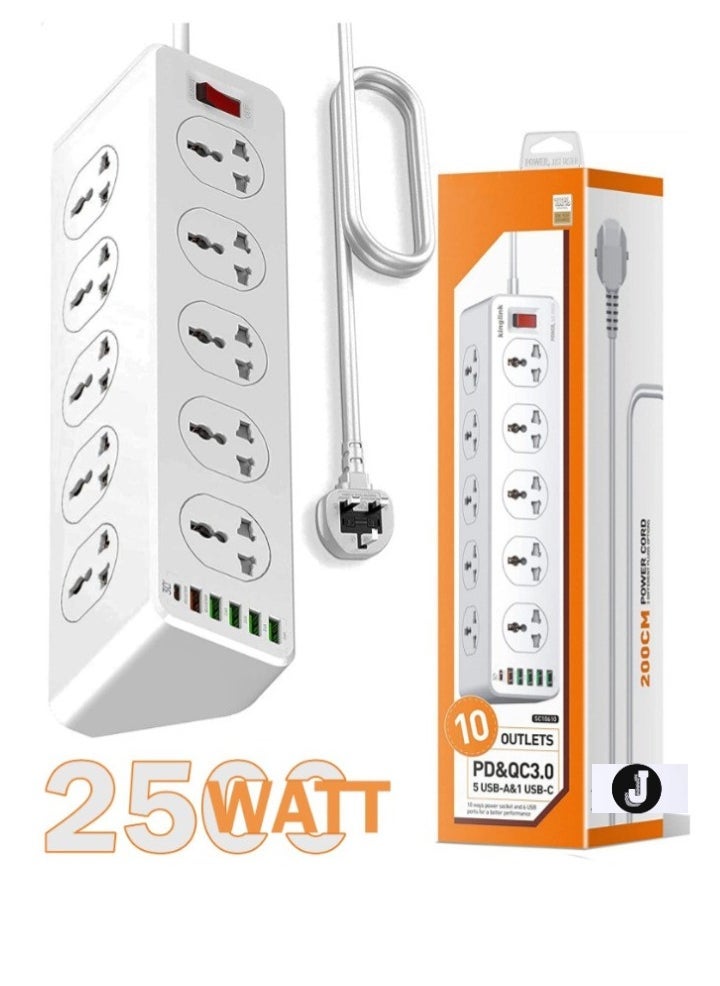 JAJEEK 2500W 10-Way Outlet Power Strip with 30W QC 3.0 PD USB-C and 5 USB-A Ports – 2 Meter Extension Cord, Surge Protection for Home & Office Use  - Image 1