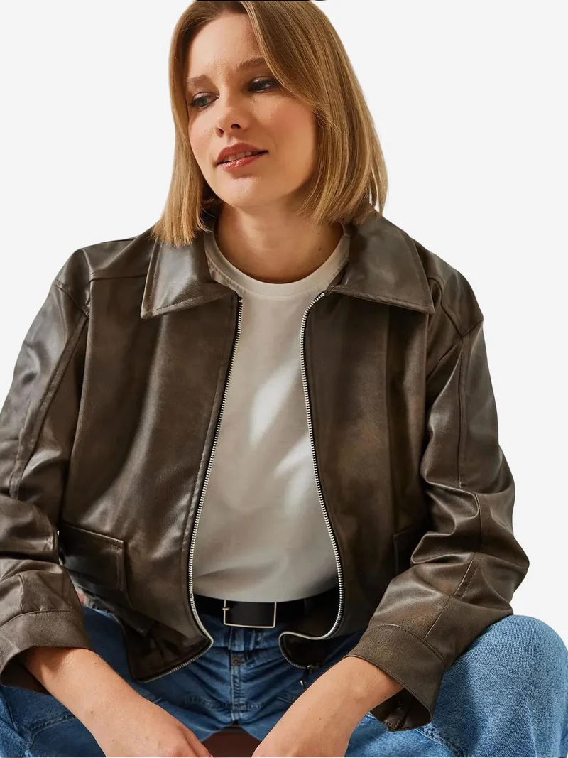 Bianco Lucci LUCCI Faux Leather Loose Fit Jacket with Shirt Collar