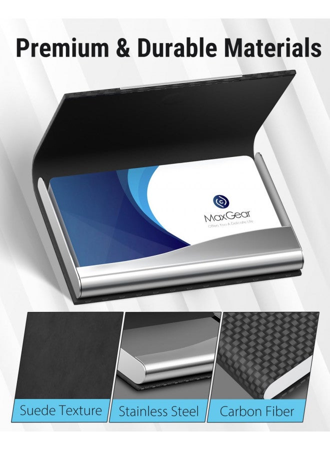 MaxGear MaxGear Business Card Holder for Men & Women, PU Leather & Stainless Steel Business Card Case, Professional Pocket Card Holder Wallet with RFID Blocking, Black Carbon - Image 2