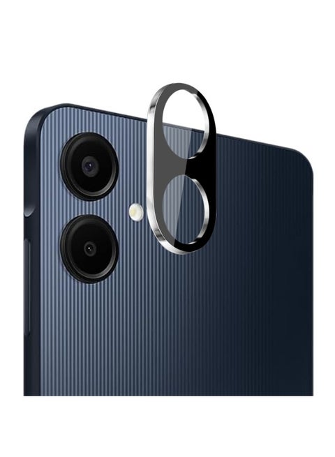 واقي عدسة كاميرا لهاتف سامسونج A07، بتصميم حلقة معدنية، وغطاء شاشة من الزجاج المقسّى، وحماية كاملة (فضي)