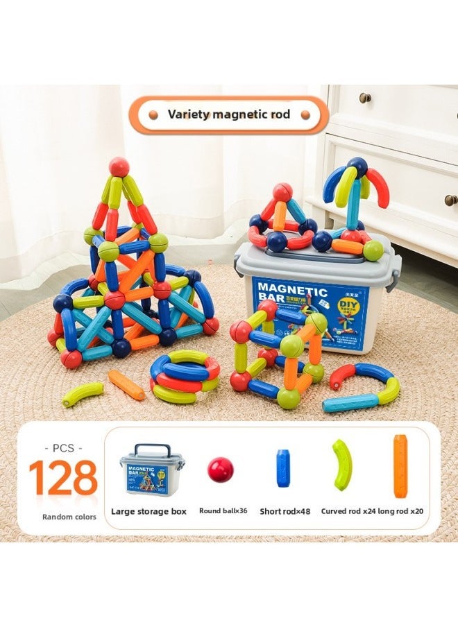 Early Childhood Education Magnetic Building Blocks Set Children's Educational Toys Versatile Shapes DIY Assembly Large Particle Magnets-Specifications:Variable Magnetic Bar (128-piece Set) Storage Box - Image 1
