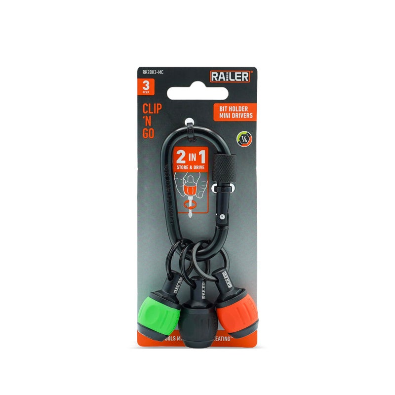 Railer Bit Holder Key Chain Screwdrivers - Railer Heavy Duty 1/4" Hex Soft Ball Grip Bit Holders & Secure Keychain Carabiner. HVAC Tools w/Quick Release For Nut Drivers, Impact Driver & Drill Bits - Image 1