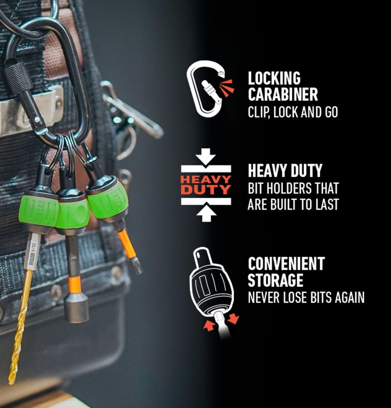 Railer Bit Holder Key Chain Screwdrivers - Railer Heavy Duty 1/4" Hex Soft Ball Grip Bit Holders & Secure Keychain Carabiner. HVAC Tools w/Quick Release For Nut Drivers, Impact Driver & Drill Bits - Image 4