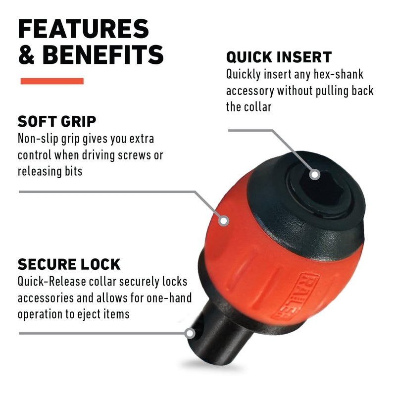 Railer Bit Holder Key Chain Screwdrivers - Railer Heavy Duty 1/4" Hex Soft Ball Grip Bit Holders & Secure Keychain Carabiner. HVAC Tools w/Quick Release For Nut Drivers, Impact Driver & Drill Bits - Image 5