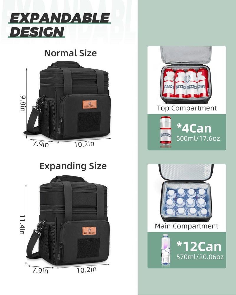 HSHRISH Expandable Large Tactical Lunch Box for Adults, Durable Insulated Lunch Bag with Shoulder Strap, Soft Cooler Bag for Men Work Outdoor Picnic Trips, 20 Can/16 L, Black - Image 2