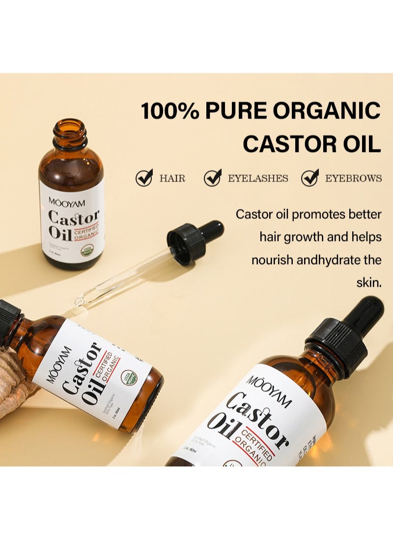 MOOYAM - Organic Castor Oil, USDA Certified Organic, 100% Pure, Cold Pressed, Hexane Free, Stimulates Eyelash, Eyebrow and Hair Growth, Skin Moisturizer and Degreaser - 60ml - Image 1