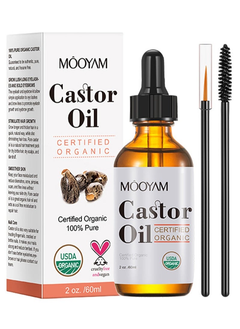 MOOYAM - Organic Castor Oil, USDA Certified Organic, 100% Pure, Cold Pressed, Hexane Free, Stimulates Eyelash, Eyebrow and Hair Growth, Skin Moisturizer and Degreaser - 60ml - Image 1