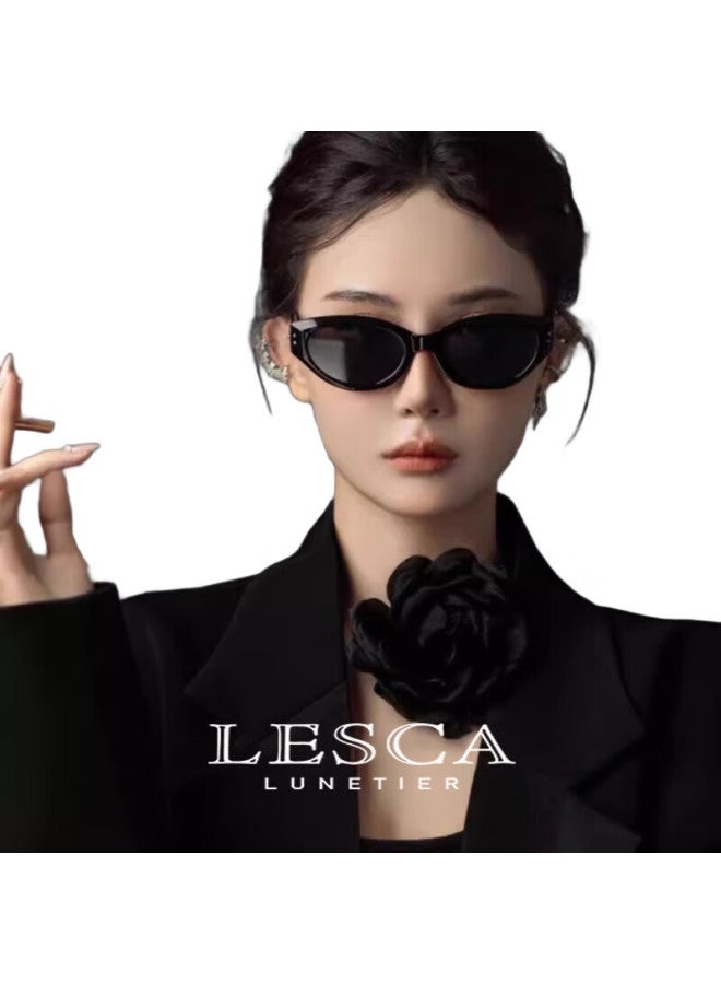Lesca Lunetier Retro Cat Eye Uv Protection Sunglasses, Intelligent Black [Atmospheric Concave Design] - Image 2