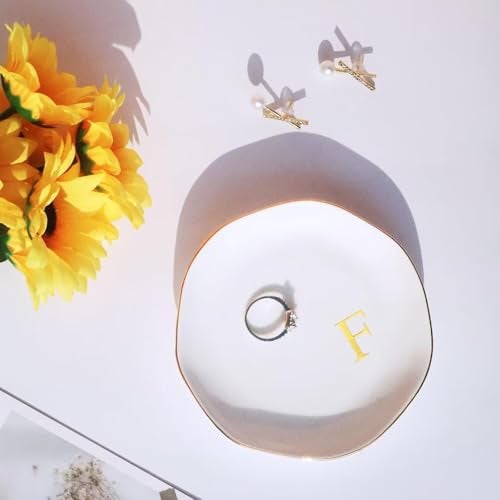 Yoqanr Ceramic Jewelry Tray Initial Ring Dish Personalized A-Monogrammed Engagement Wedding Gifts, for Birthday Mother's Day Christmas for Women, Ceramic White 4.75" (F) - Image 2