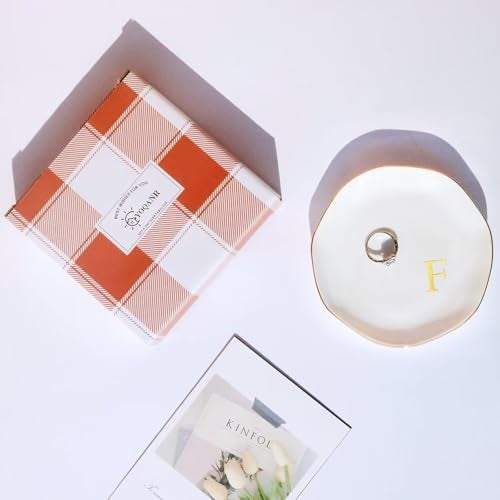Yoqanr Ceramic Jewelry Tray Initial Ring Dish Personalized A-Monogrammed Engagement Wedding Gifts, for Birthday Mother's Day Christmas for Women, Ceramic White 4.75" (F) - Image 4