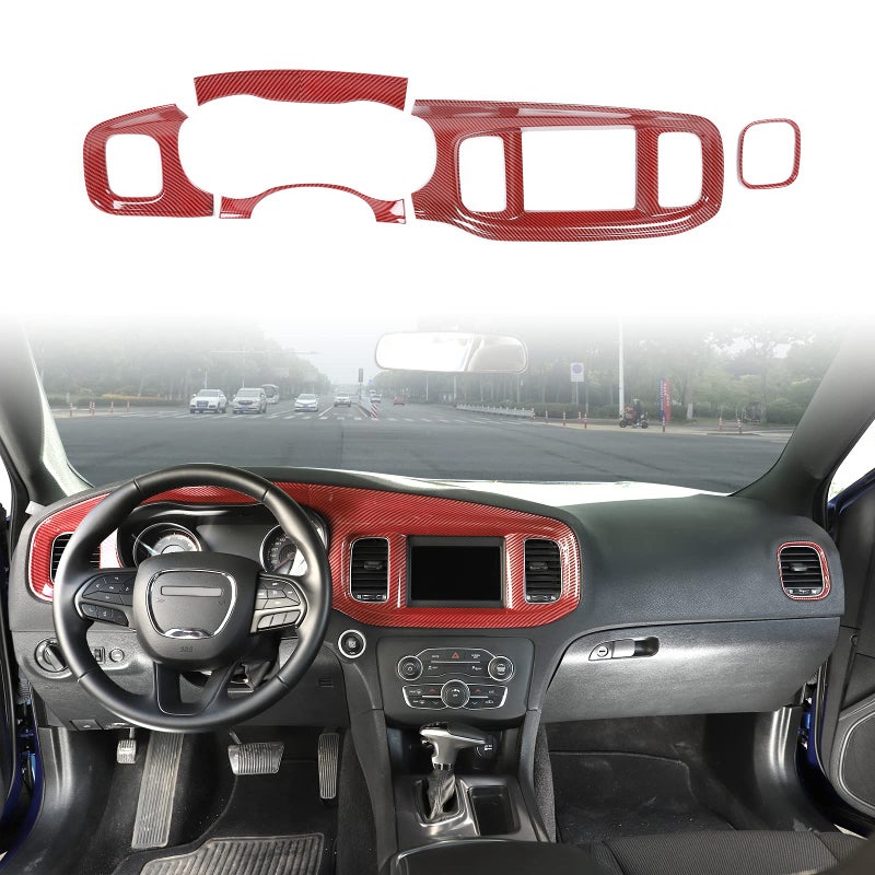 JWWY for Charger Center Consoles Dash Board Dashboard Instrument Gauge Cluster Dash Fascia Trim Panel Garnish Bezel for 20152024 Dodge Charger Interior Accessories Red Carbon Fiber