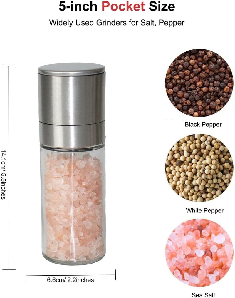 TooWoom Pepper Grinder Salt Grinder, 5 inch Stainless Steel Pepper Mill w/Adjustable Coarseness, Refillable Salt with Funnel, Cleaning Brush, Manual Pepper Grinder for Black Peppercorns - Image 2