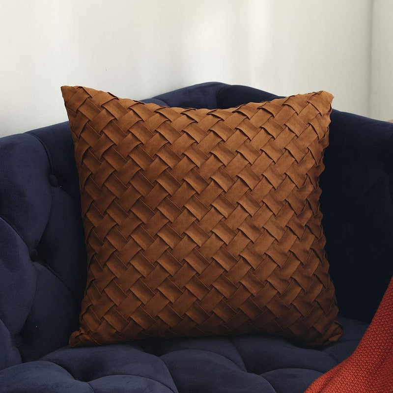 vctops Boho Basket Weave Pattern Decorative Throw Pillow Cover Super Soft Suede Solid Square Accent Cushion Case for Couch Sofa Car Brown18x18 - Image 2