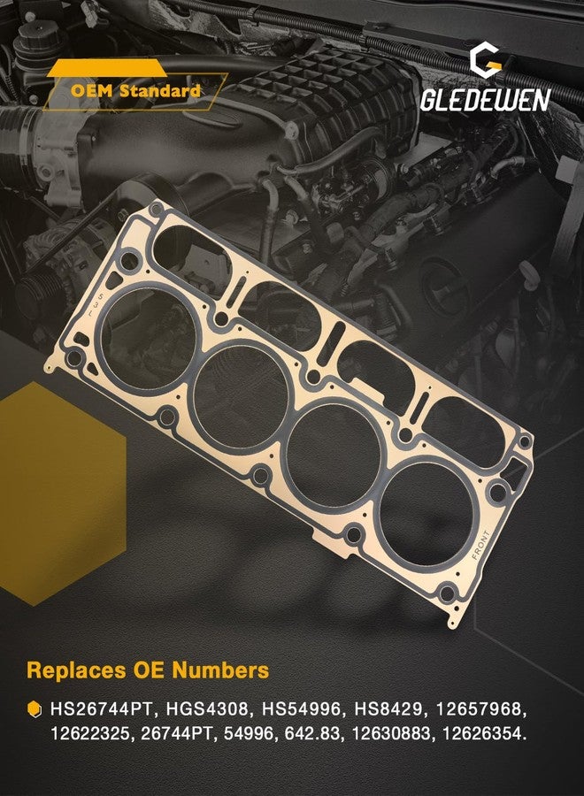 Gledewen طقم حشية رأس المحرك سعة 5.3 لتر، متوافق مع سيارات شيفروليه سيلفرادو 1500 وسوبربان وتاهو وجي إم سي سييرا 1500 ويوكون XL موديلات 2014-2019، محرك V8 سعة 5.3 لتر (5328 سم مكعب)، رقم القطعة HS26744PT، HGS4308، مع طقم حشيات مشعب السحب والعادم. - Image 3