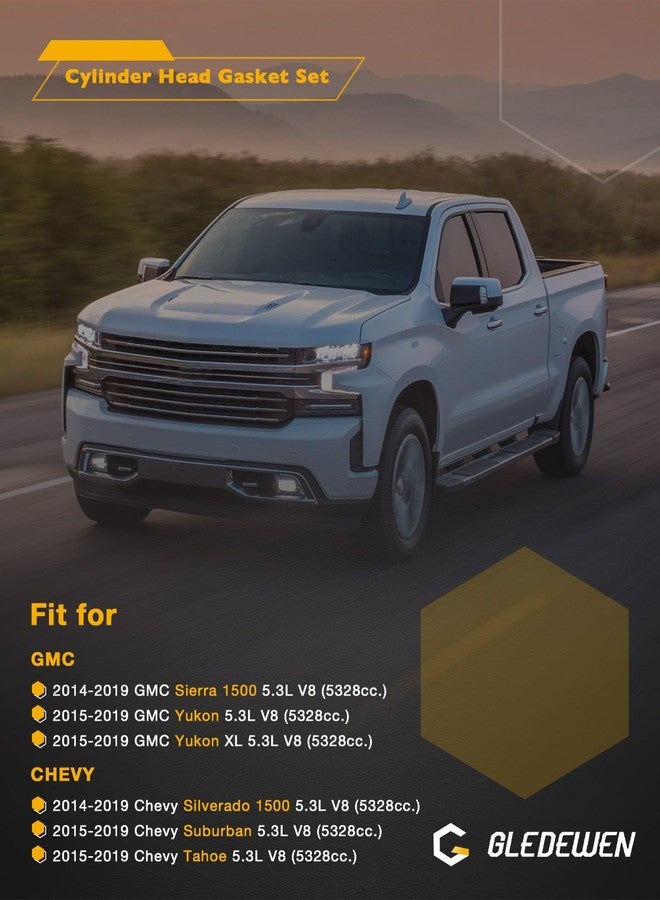 Gledewen طقم حشية رأس المحرك سعة 5.3 لتر، متوافق مع سيارات شيفروليه سيلفرادو 1500 وسوبربان وتاهو وجي إم سي سييرا 1500 ويوكون XL موديلات 2014-2019، محرك V8 سعة 5.3 لتر (5328 سم مكعب)، رقم القطعة HS26744PT، HGS4308، مع طقم حشيات مشعب السحب والعادم. - Image 2