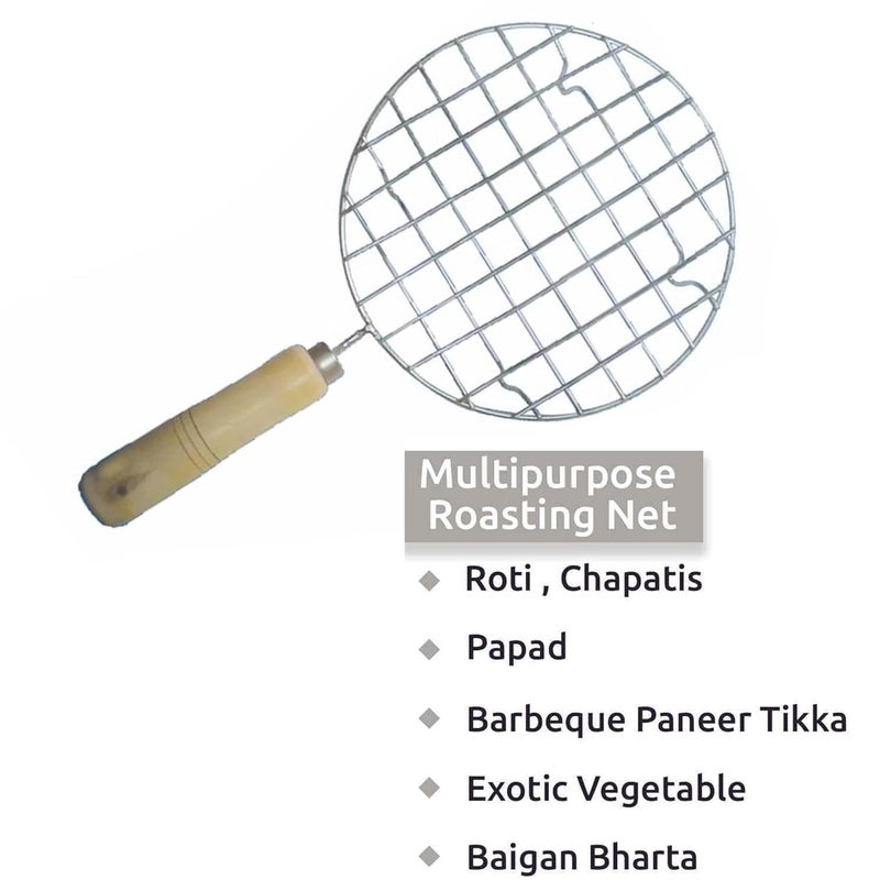Damurhu Stainless Steel Round Wooden Handle Roaster Papad Jali, Paneer Grill, Roti Maker, Barbeque Jali, Chapati Toast Grill (Dia ; 15 x 20 x 5 cm; 300 g) Size - 8 - Image 2