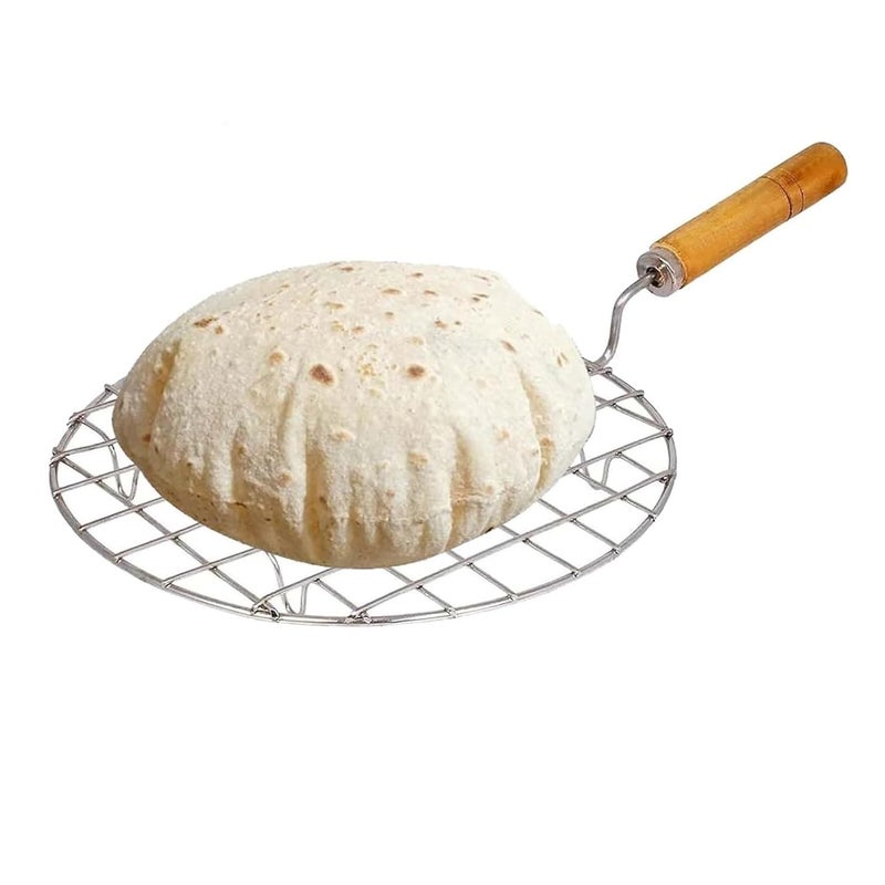 Damurhu Stainless Steel Round Wooden Handle Roaster Papad Jali, Paneer Grill, Roti Maker, Barbeque Jali, Chapati Toast Grill (Dia ; 15 x 20 x 5 cm; 300 g) Size - 8 - Image 1