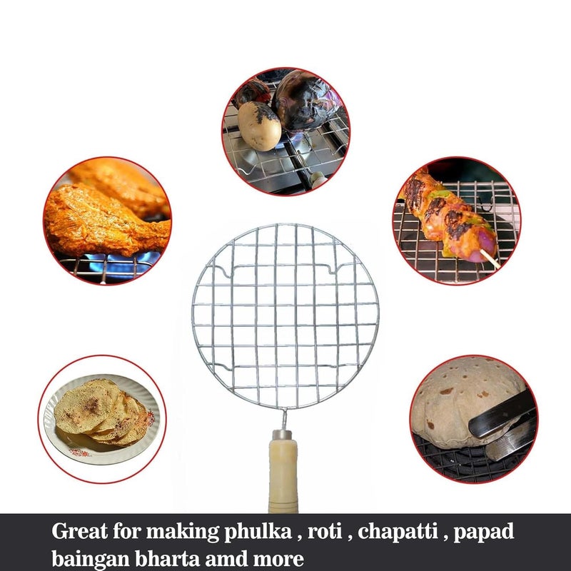 Damurhu Stainless Steel Round Wooden Handle Roaster Papad Jali, Paneer Grill, Roti Maker, Barbeque Jali, Chapati Toast Grill (Dia ; 15 x 20 x 5 cm; 300 g) Size - 8 - Image 4