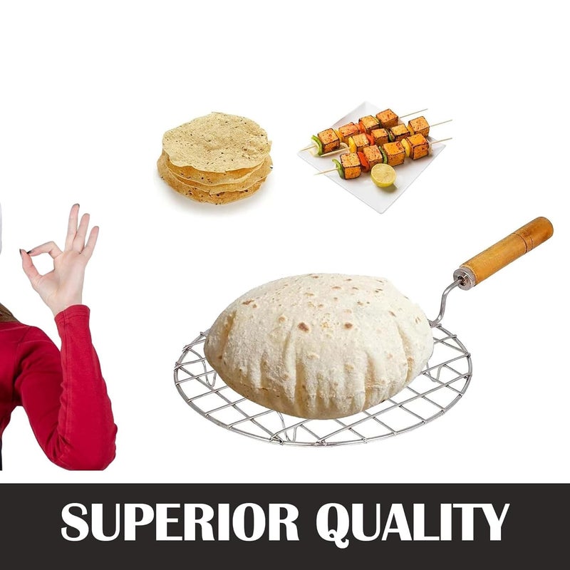 Damurhu Stainless Steel Round Wooden Handle Roaster Papad Jali, Paneer Grill, Roti Maker, Barbeque Jali, Chapati Toast Grill (Dia ; 15 x 20 x 5 cm; 300 g) Size - 8 - Image 5