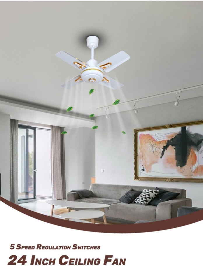 مودي مروحة سقف كهربائية صغيرة مقاس 24 بوصة بأربع شفرات معدنية، محرك عالي السرعة وهادئ، وخمس سرعات قابلة للتعديل، لون أبيض وذهبي. - Image 4