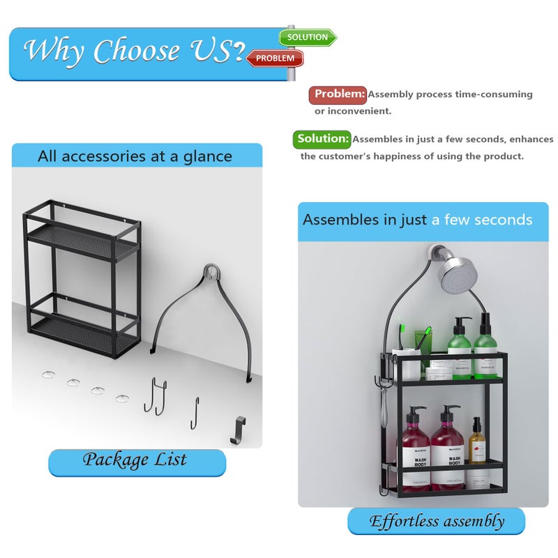 Meangood Shower Caddy, 10.4" x 4.5" x 22.04" Hanging Shower Caddy Organizer Over Shower Head Big Capacity for Shampoo, Conditioner with Hooks for Razor/Sponge, Matte Black - Image 3