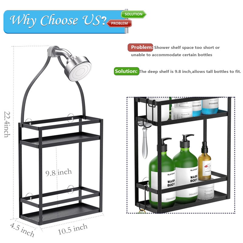 Meangood Shower Caddy, 10.4" x 4.5" x 22.04" Hanging Shower Caddy Organizer Over Shower Head Big Capacity for Shampoo, Conditioner with Hooks for Razor/Sponge, Matte Black - Image 2
