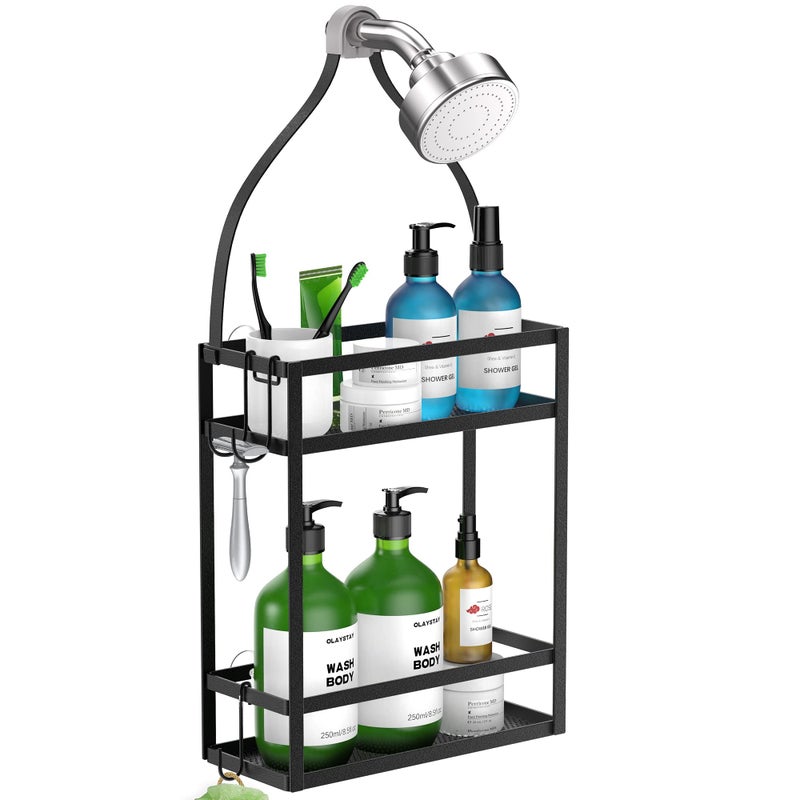 Meangood Shower Caddy, 10.4" x 4.5" x 22.04" Hanging Shower Caddy Organizer Over Shower Head Big Capacity for Shampoo, Conditioner with Hooks for Razor/Sponge, Matte Black - Image 1