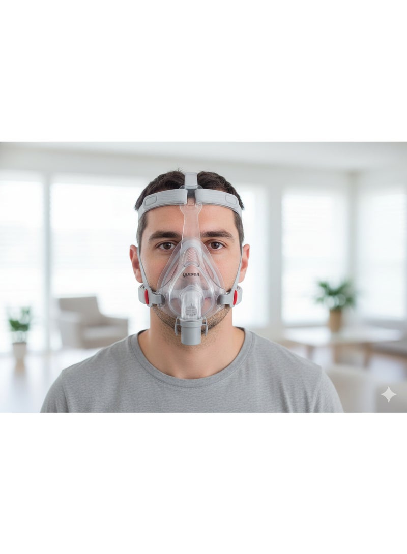 Yuwell A full-face mask compatible with CPAP and BiPAP devices, made of flexible medical-grade silicone, reduces air leakage and improves mask stability for a quieter and more consistent treatment experience. - Image 3