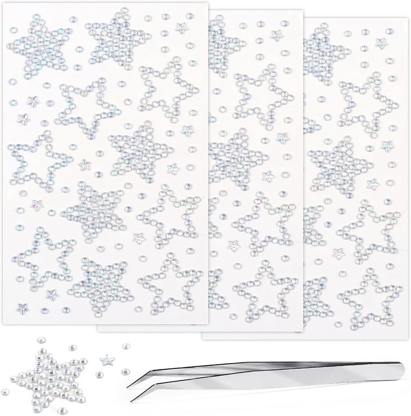 3Sheets Star Gem Stickers Jewels for Crafts, Face Makeup - Self Adhesive Rhinestone Jewel Stickers, Stick on Gems Rhinestones for Crafts, Craft Supplies for Kids (09.Laser Star)