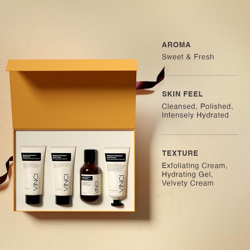 Vinci Botanicals مجموعة هدايا فينشي بوتانيكالز برغموت جيرانيوم  كريم يد  غسول جسم  كريم جسم  مقشر جسم  ينظف  يلمع  يرطب البشرة  رائحة حلوة منعشة  أحجام سفر  أساسيات يومية  عبوة من 4 - Image 3