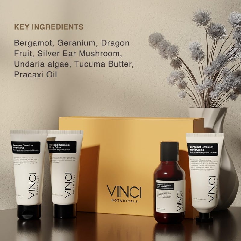 Vinci Botanicals مجموعة هدايا فينشي بوتانيكالز برغموت جيرانيوم  كريم يد  غسول جسم  كريم جسم  مقشر جسم  ينظف  يلمع  يرطب البشرة  رائحة حلوة منعشة  أحجام سفر  أساسيات يومية  عبوة من 4 - Image 2