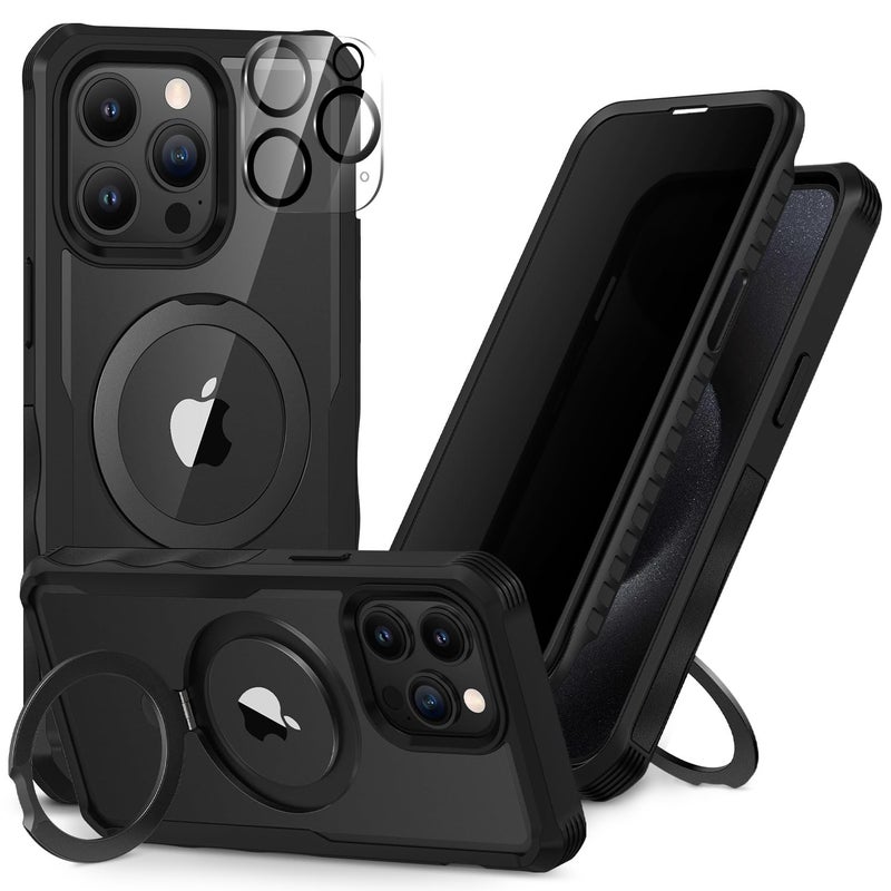 CENHUFO Privacy for iPhone 15 Pro Max Case, Full Body Phone Case [Compatible with Magsafe] Built-in 9H Tempered Glass Privacy Screen Protector and Magnetic Ring Stand, Clear Camera Lens Cover -Black - Image 1