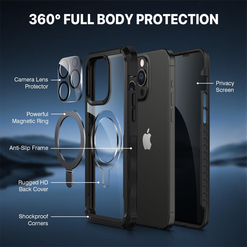 CENHUFO Privacy for iPhone 15 Pro Max Case, Full Body Phone Case [Compatible with Magsafe] Built-in 9H Tempered Glass Privacy Screen Protector and Magnetic Ring Stand, Clear Camera Lens Cover -Black - Image 2
