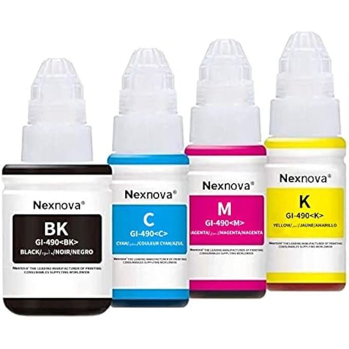 NexNova طقم حبر لكانون 490 (عبوة 4 - أسود، أزرق، أرجواني، أصفر) حبر لـ GI 490 لطابعات PIXMA G3400 G2400 G1400 G4400 G1411 G2411 G3411 G4411 G4410 G3410 - Image 1