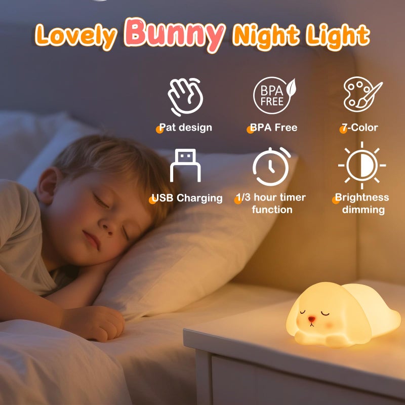 Tremdwoto Bunny Night Light for Kids - 16 Color Changing, Rechargeable Dimmable Nursery Lamp with 1/3 H Timer, Cute Animal Night Light for Baby Boys Girls, Kawaii Room Decor Gift - Image 3