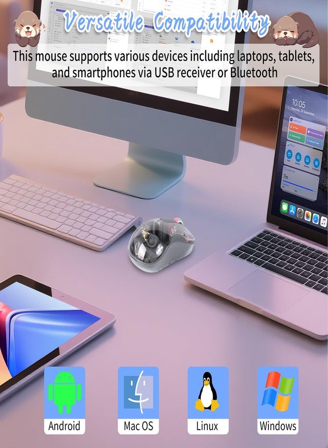 elec Space ماوس إلكتروني لاسلكي لطيف من نوع USB-C - ماوس قابل لإعادة الشحن بتقنية بلوتوث بثلاثة أوضاع، بتصميم كرتوني لأجهزة الكمبيوتر المحمولة وأجهزة iPad و MacBook Air/Pro - تشغيل صامت، تصميم محمول، شخصية مغناطيسية فريدة (رمادي) - Image 5