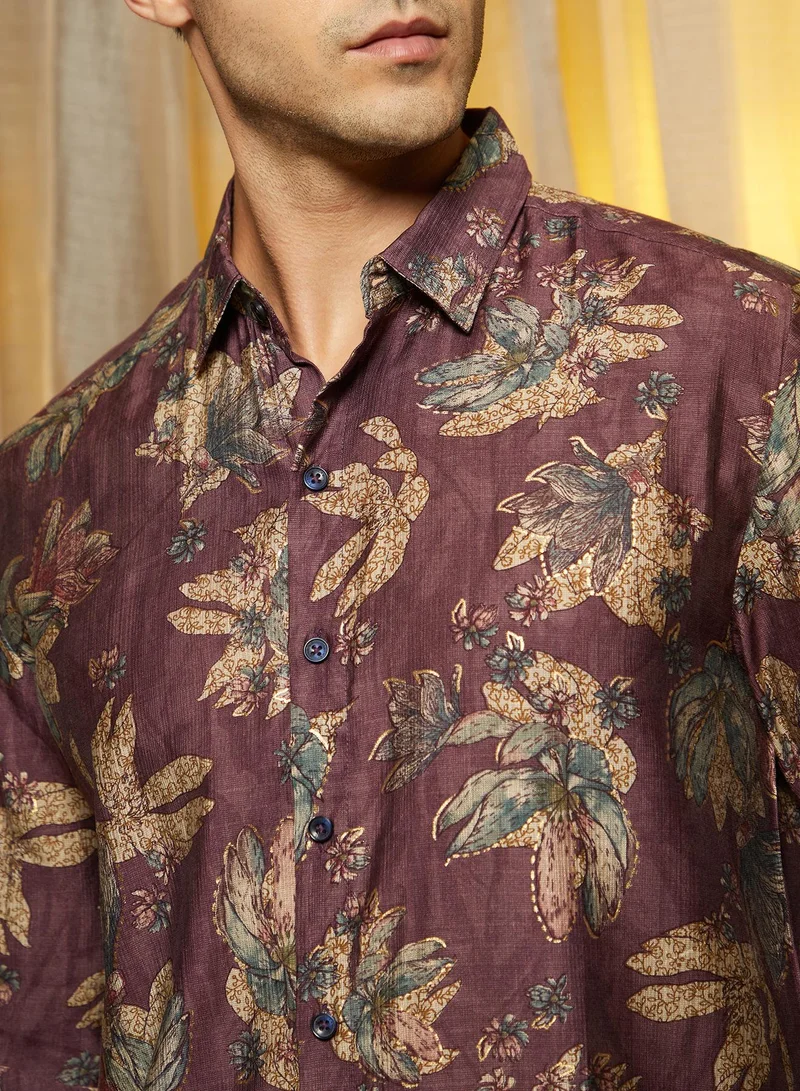 Campus Sutra Men's Plum Purple Withering-Bloom Shirt