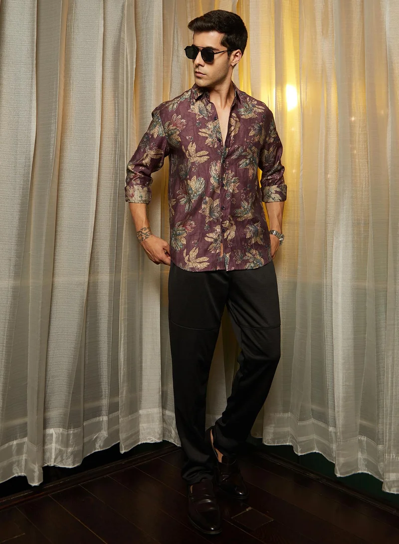 Campus Sutra Men's Plum Purple Withering-Bloom Shirt