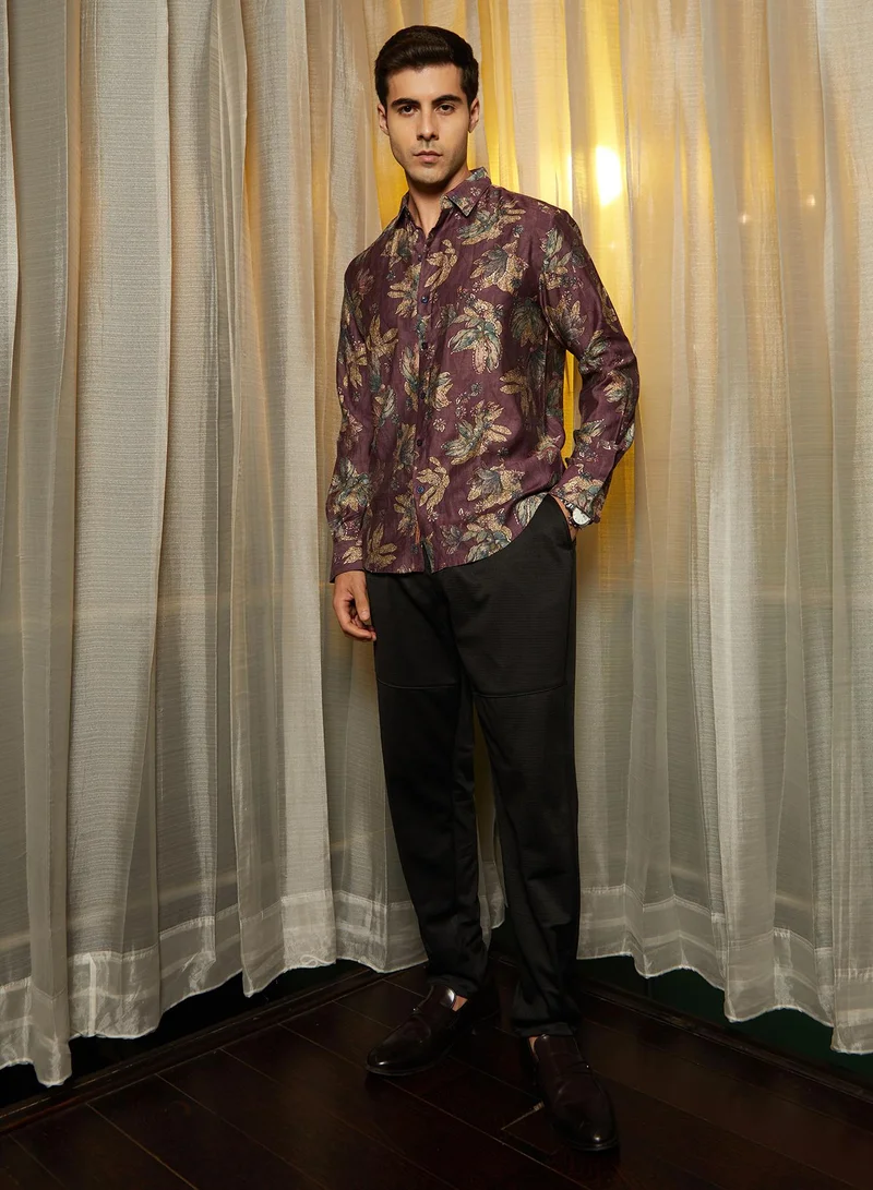 Campus Sutra Men's Plum Purple Withering-Bloom Shirt