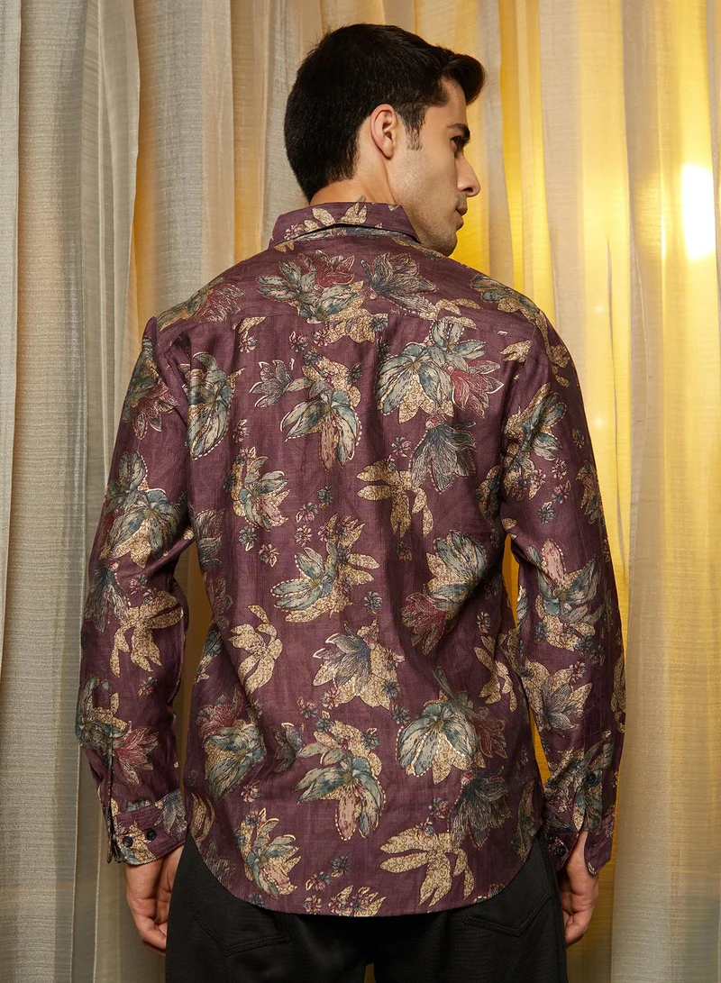 Campus Sutra Men's Plum Purple Withering-Bloom Shirt