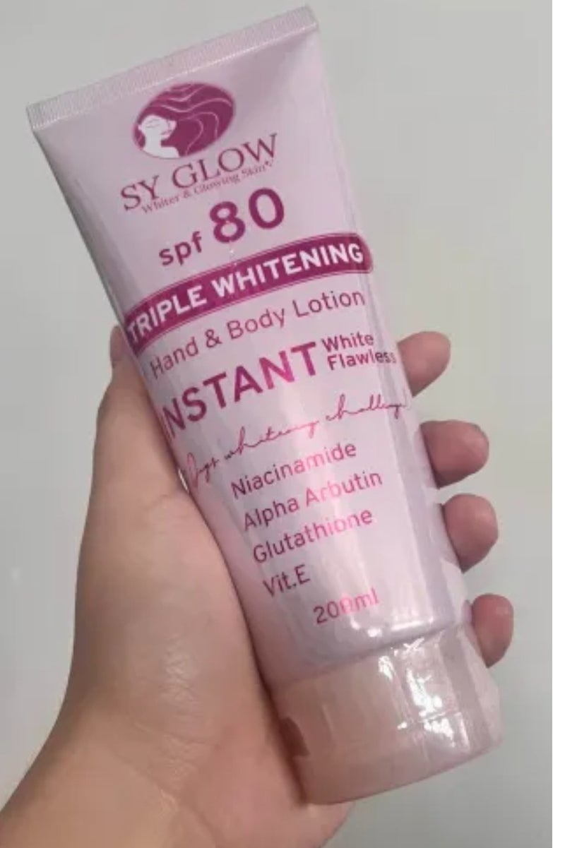 SY GLOW spf 80(Triple Whitening Hand and Body Lotion) INSTANT White Flawiess Niacinamid Alpha Arbutin Glutathione Vit.E 200ml - Image 1