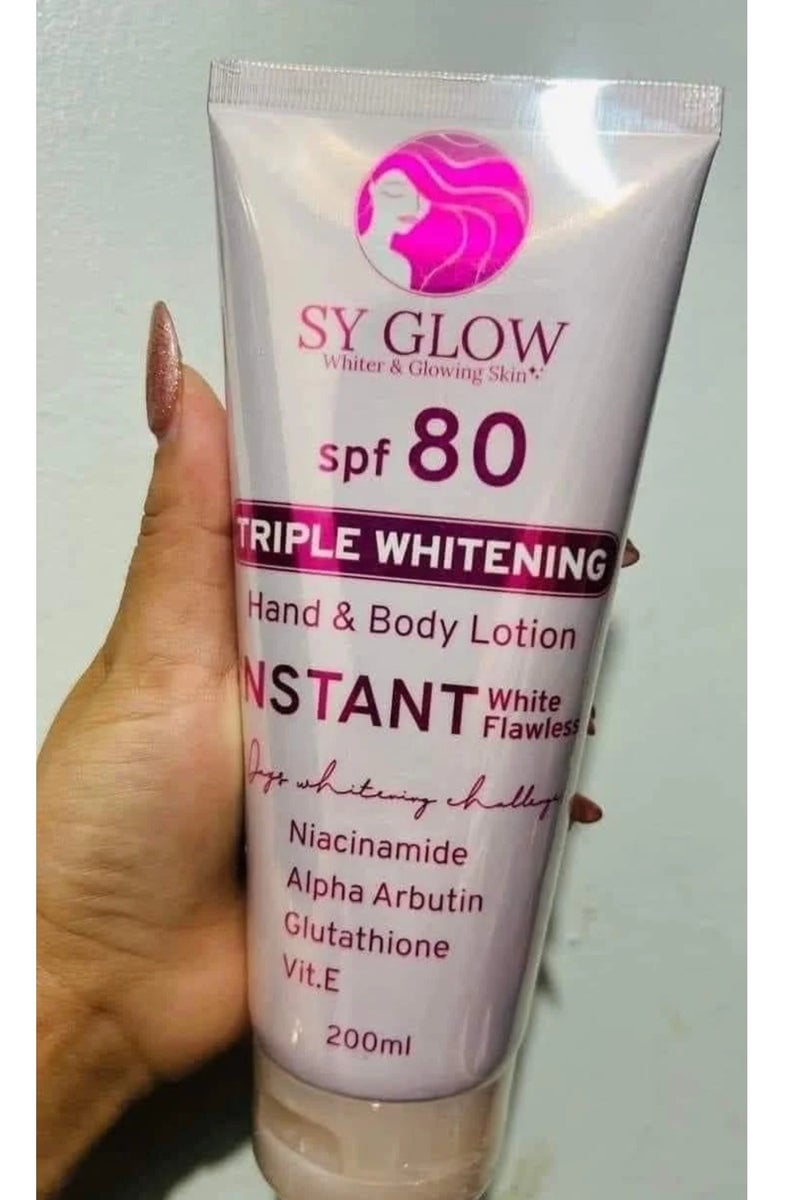 SY GLOW spf 80(Triple Whitening Hand and Body Lotion) INSTANT White Flawiess Niacinamid Alpha Arbutin Glutathione Vit.E 200ml - Image 3
