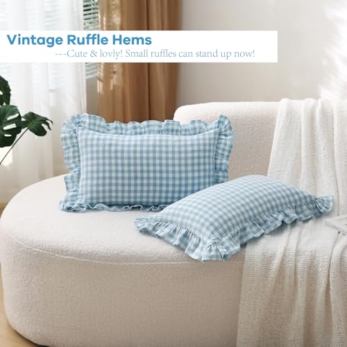 K MASANIJI 2 Pack Light Blue White Plaid Ruffle Gingham Lumbar Throw Pillow Covers, 100% Washed Cotton Checkered Farmhouse Decorative Pillow Shams for Bed/Sofa Zipper Closure - 12''x20'' - Image 3